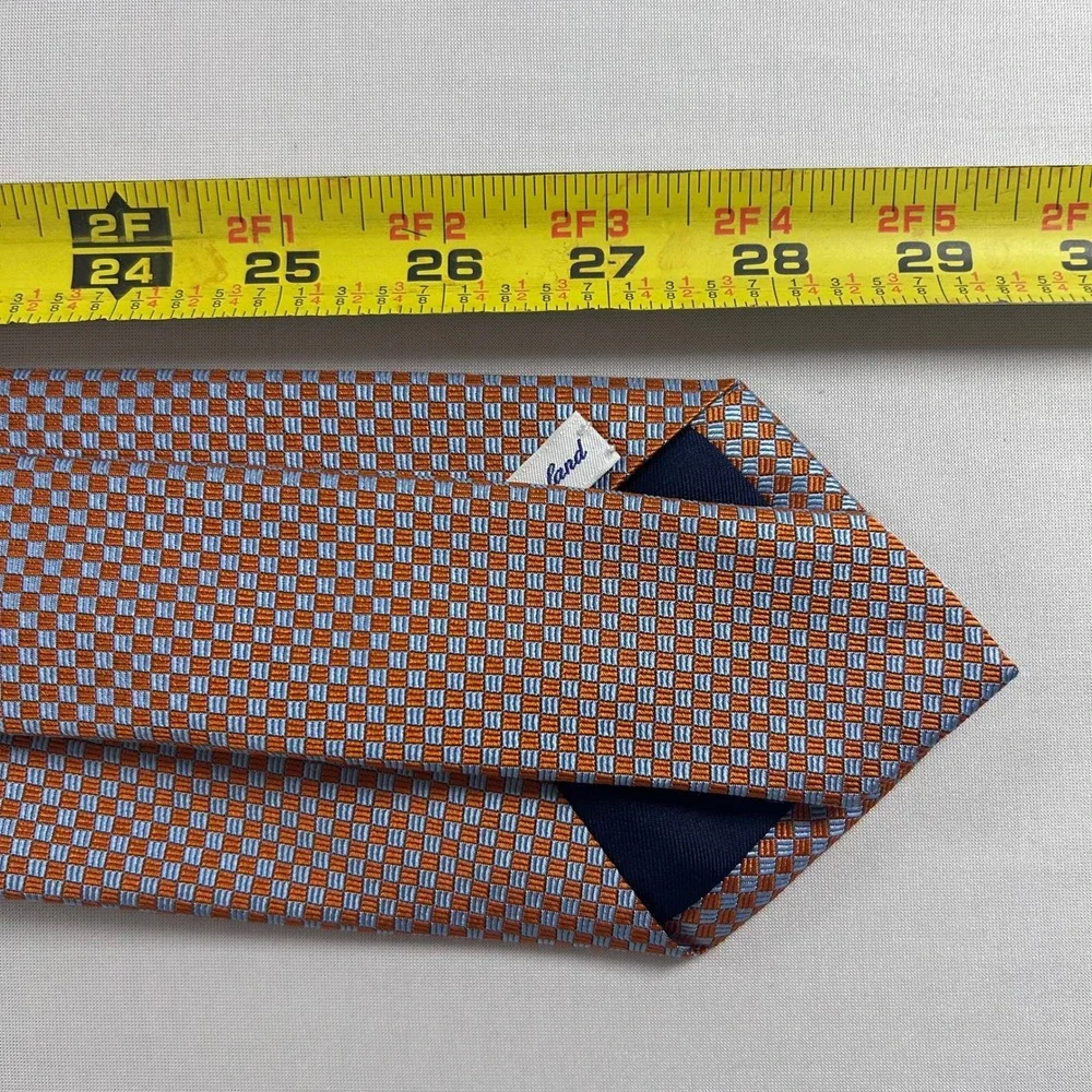 Drakes London Barneys New York Tie Mens Orange Blue Silk Check Handmade England